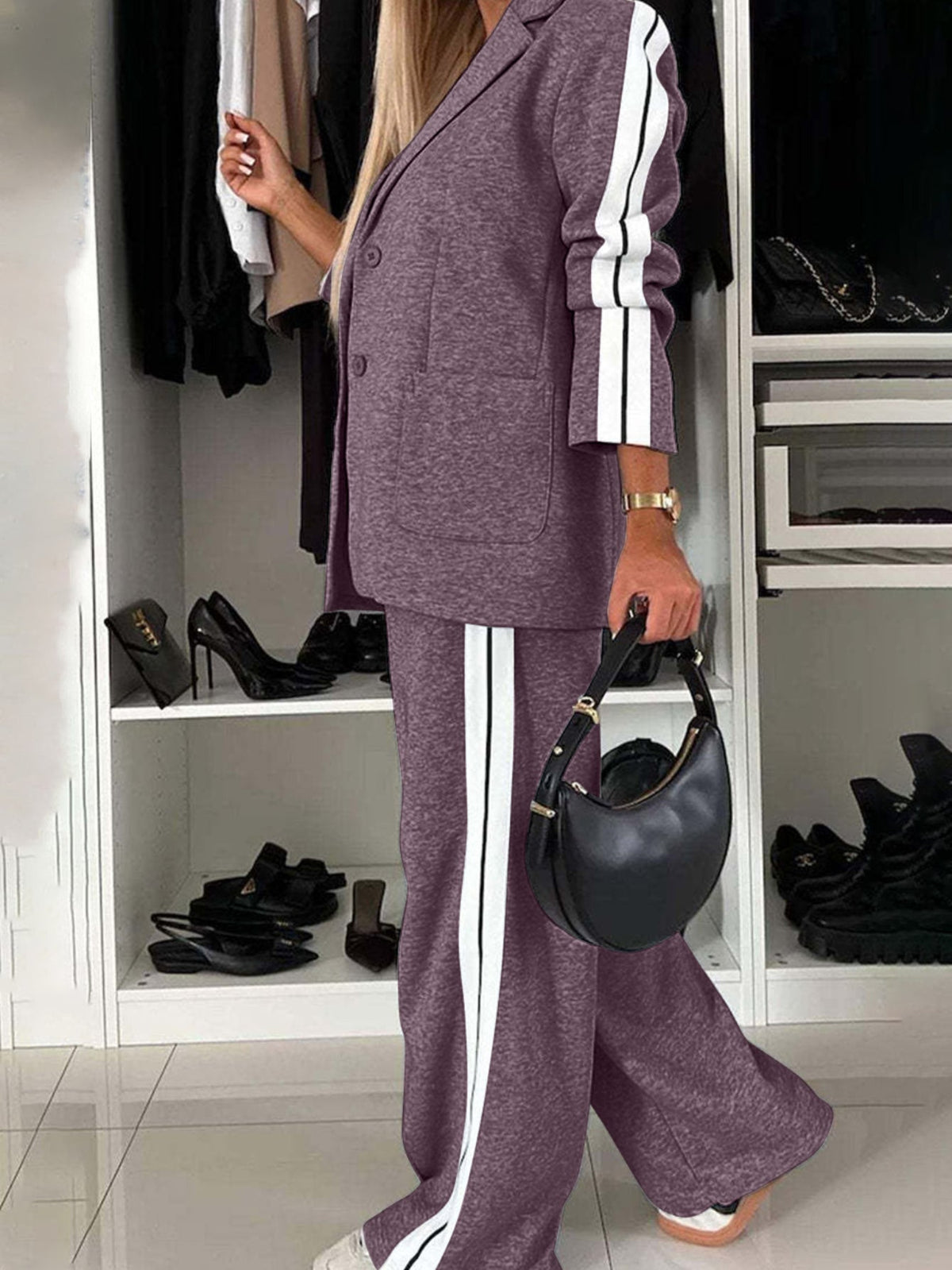 Full Size Contrast Lapel Collar Top and Pants Set
