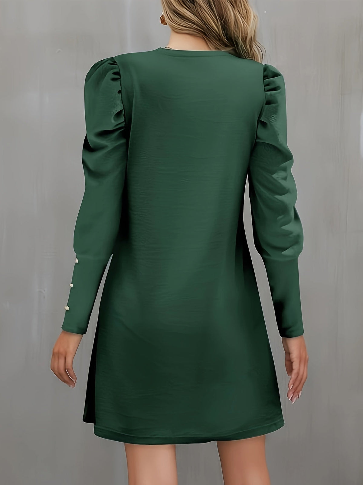 Solid Crew Neck Dress, Elegant Puff Sleeve Button Decor Dress
