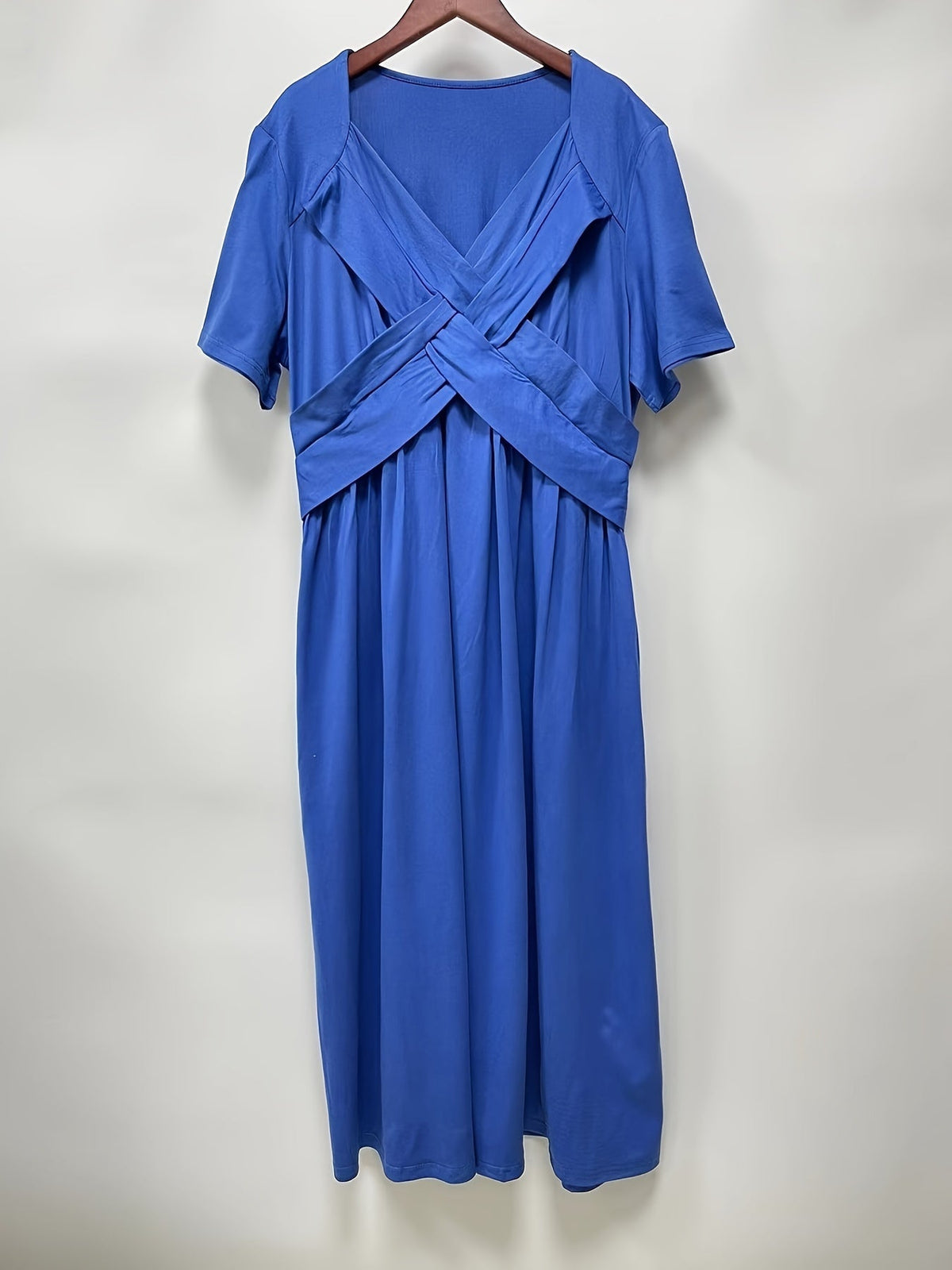 Solid V Neck Dress, Casual Criss Cross Short Sleeve Dress