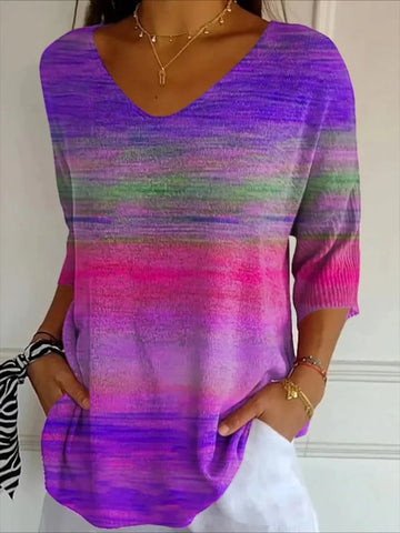 Floral V Neck Printing Casual Three Quarter Sleeve Tee T-shirt