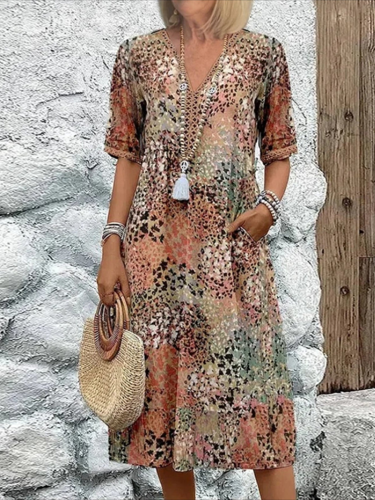 V Neck Short Sleeves Print Casual Midi Dress