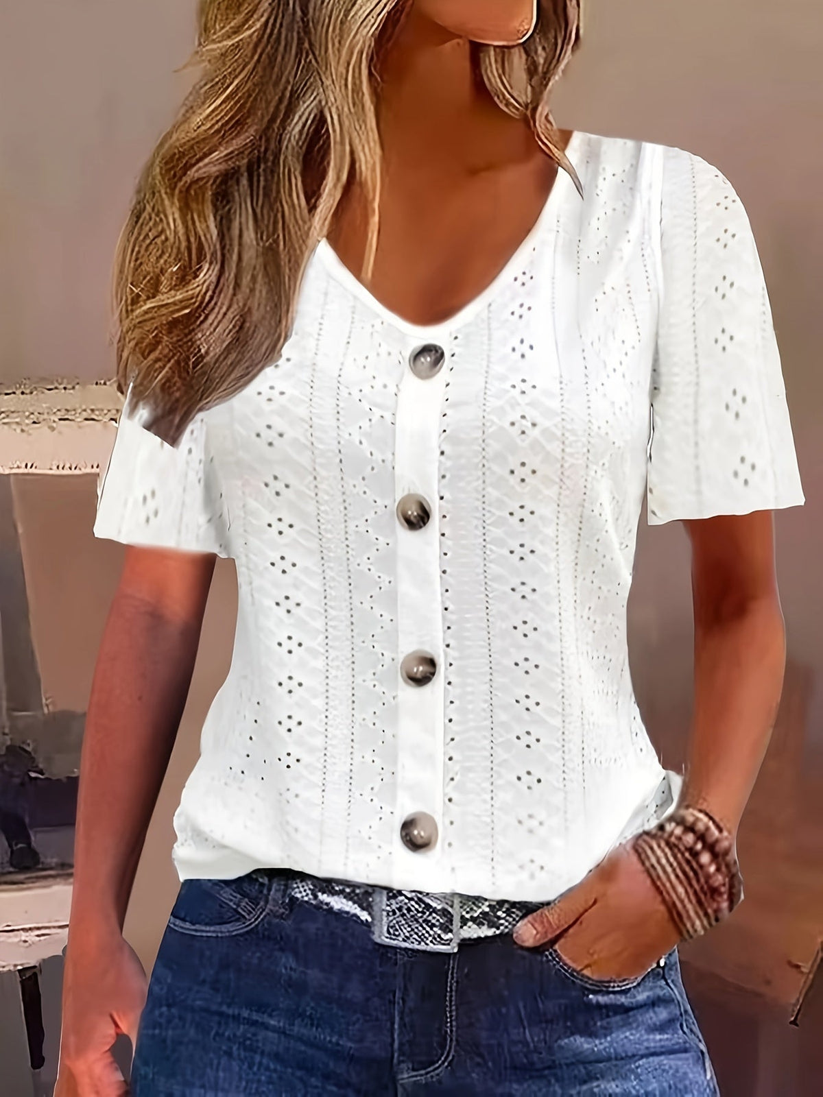 Elegant V-Neck Short Sleeve T-Shirt with Decorative Buttons