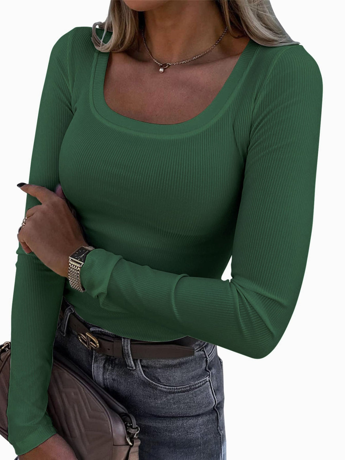 Casual Long Sleeve Square Neck T-shirt