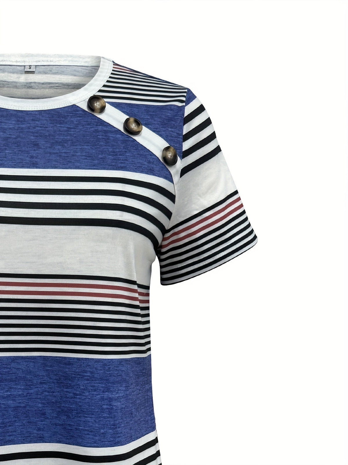 Button Front Vibrant Striped Short Sleeve Crew Neck T-Shirt