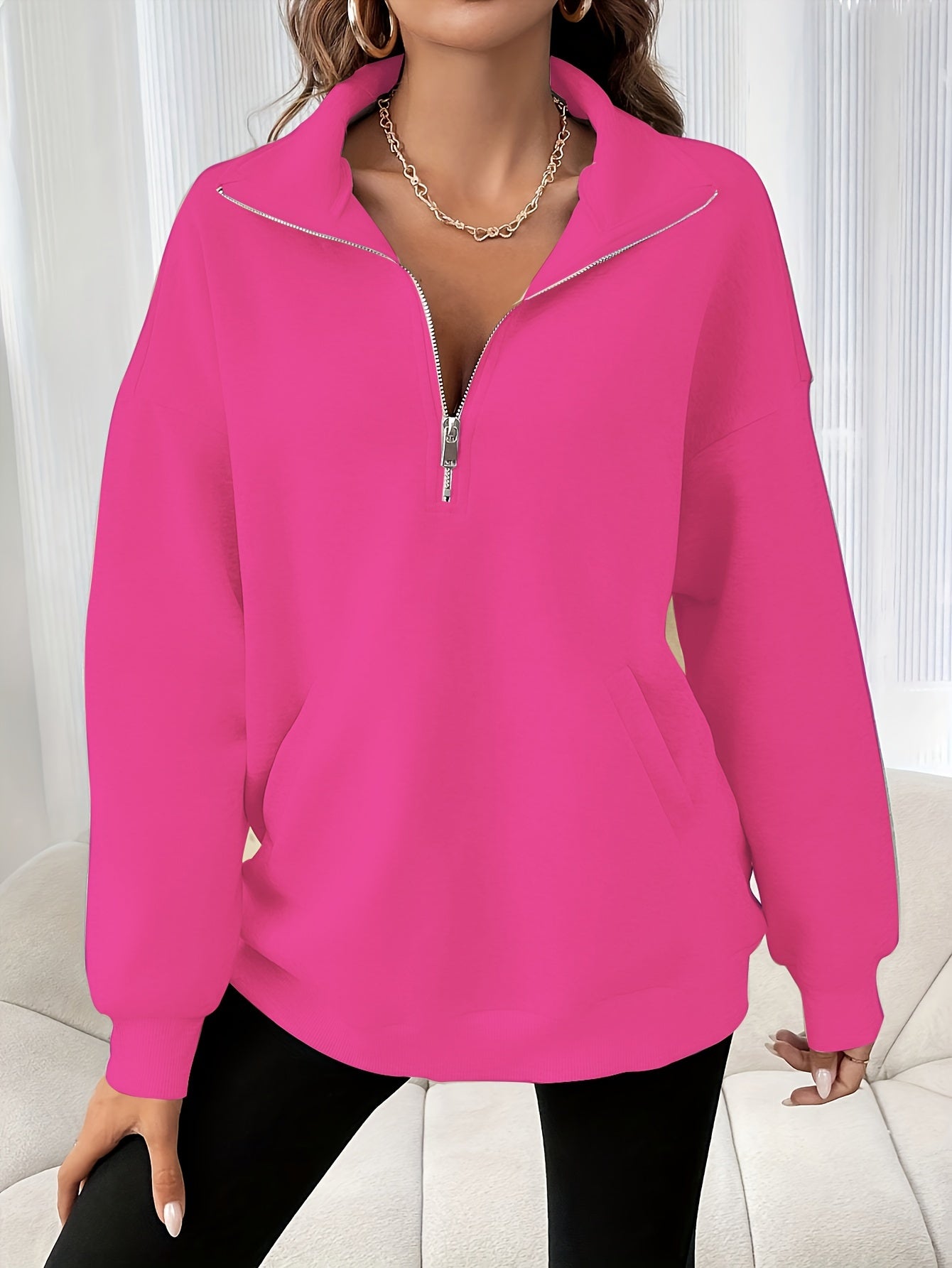 Long Sleeve Crew Neck Design Cozy Zipper Slant Pockets Pullover Sweatshirt