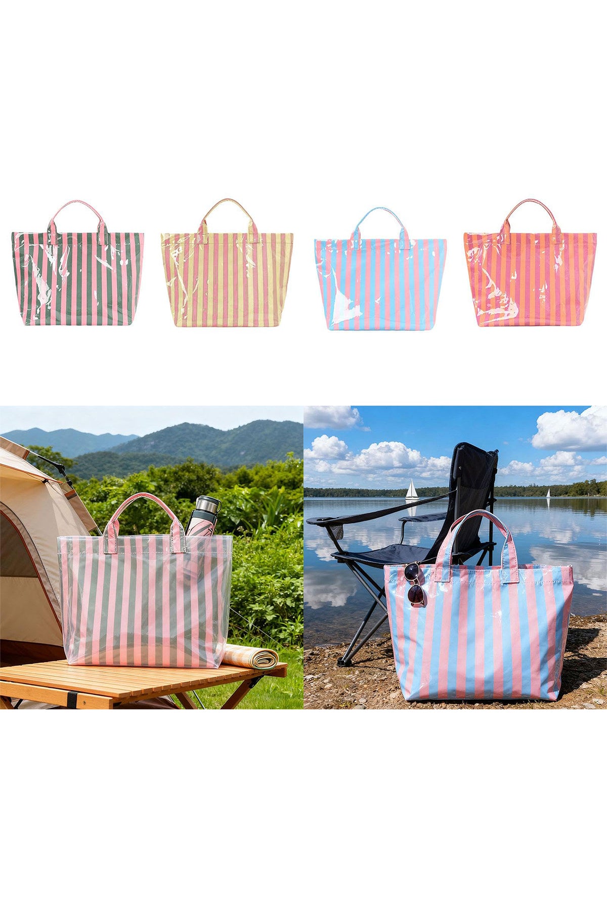 Pink Glossy Striped Vinyl Large Tote Bag (Color Varied)
