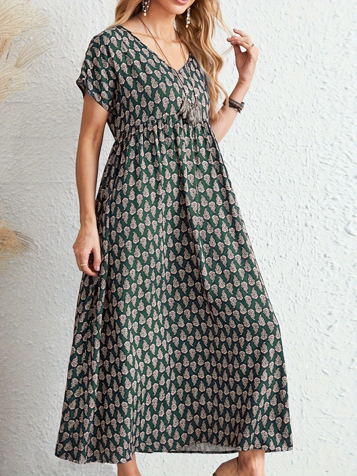 All Over Print Dress, Casual V Neck Short Sleeve Dress