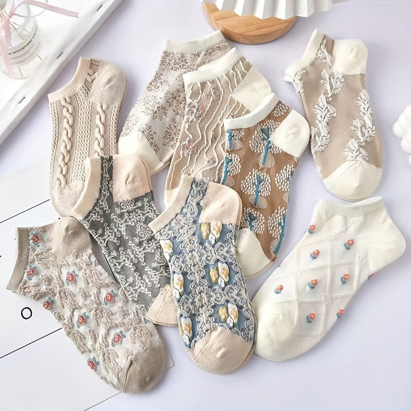 9 Pairs Floral Print Socks, Retro Style Soft & Lightweight Low Cut Ankle Socks
