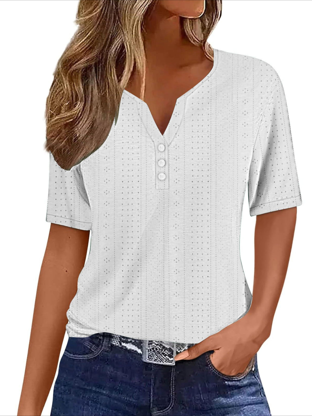 Eyelet Embroidered Button Front T-shirt, Casual V Neck Short Sleeve Top