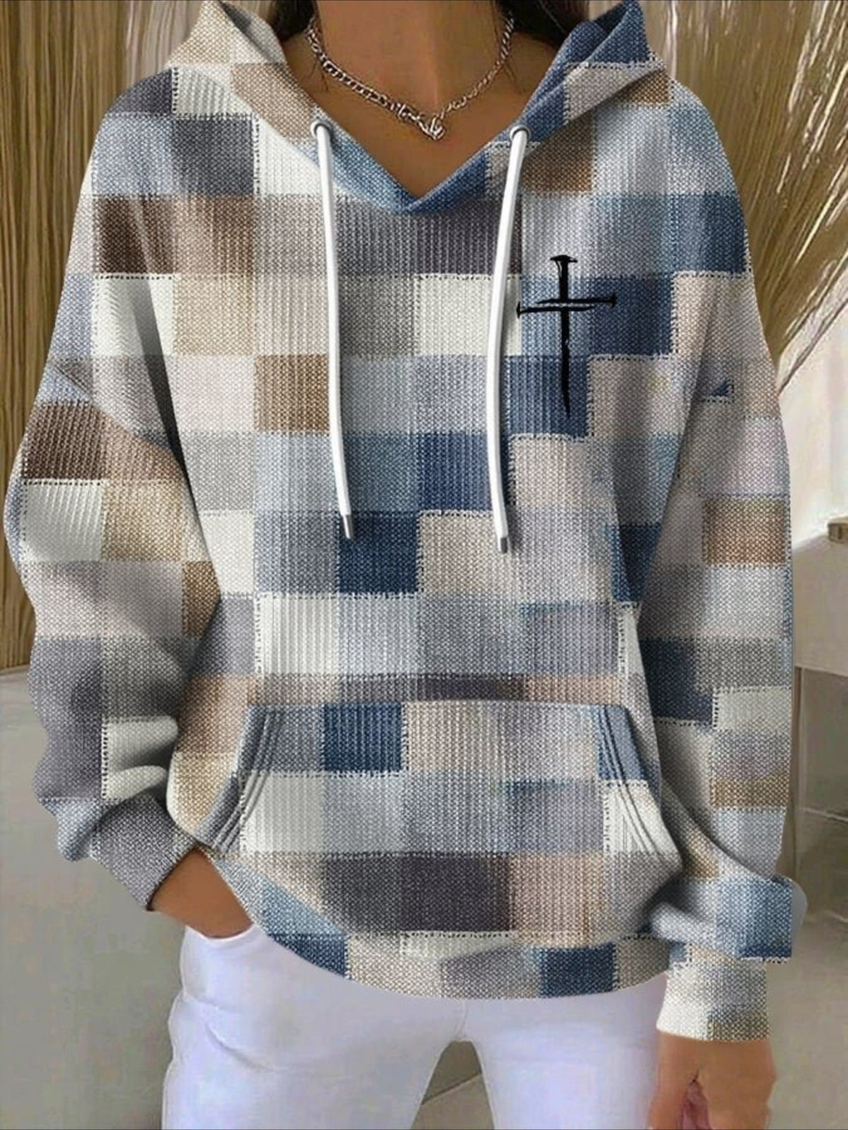 Contrast Stitching Printing Long Sleeve Pullover Hoodie Sweatshirt