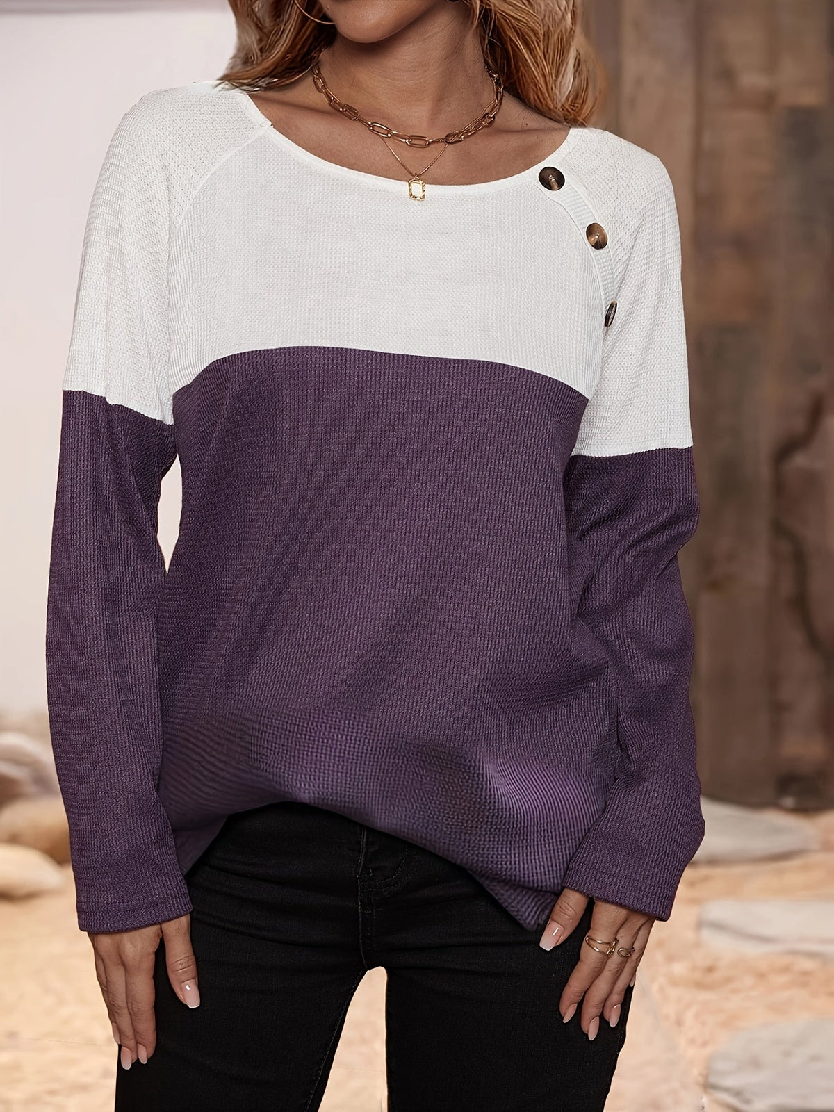 Women's Colorblock Button Decor Waffle Pattern Long Sleeve Round Neck Top