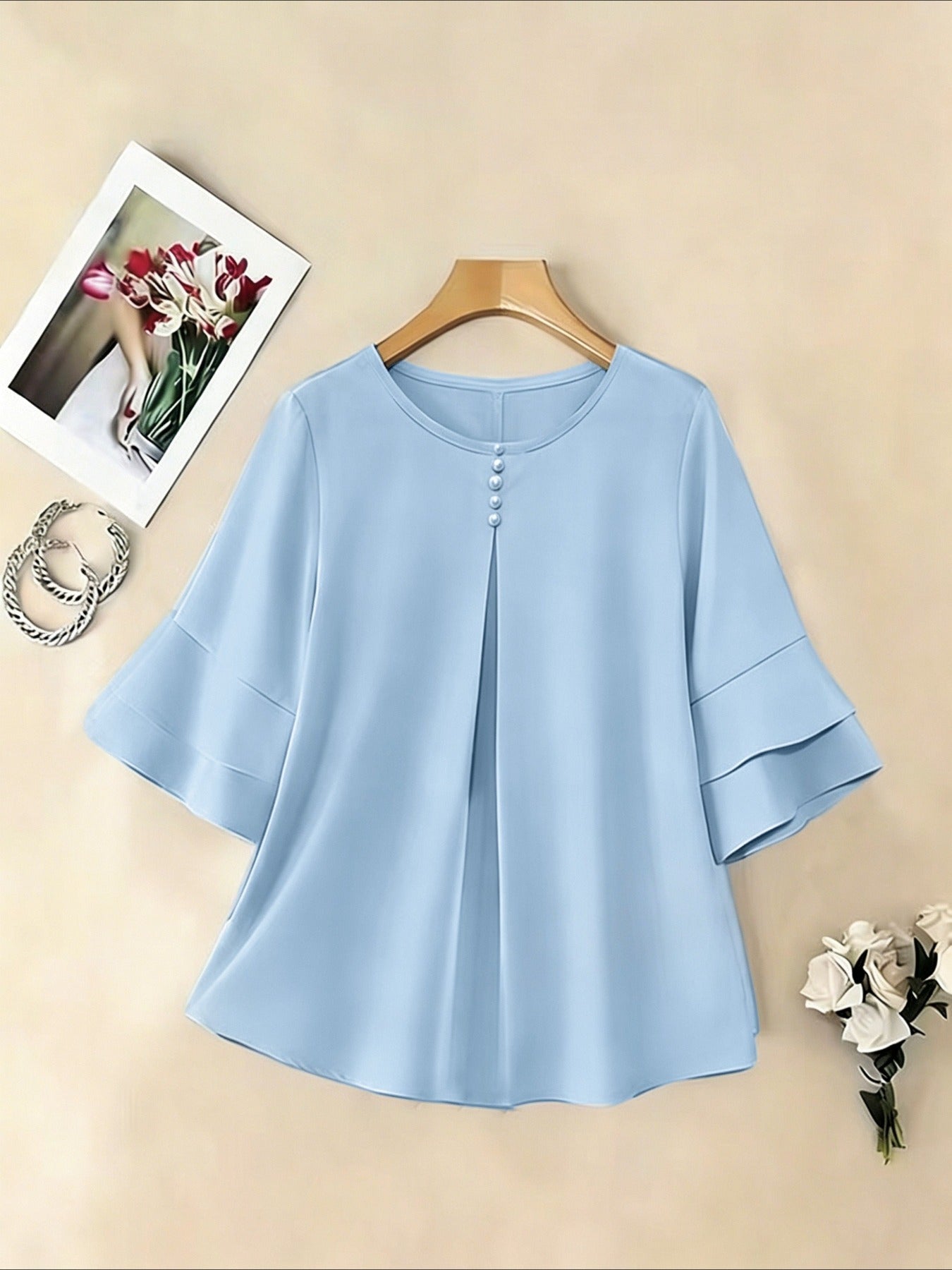 Elegant Fashion Summer Loose Solid Round Neck Button-Up Shirt Flared Sleeve Ruffle Top