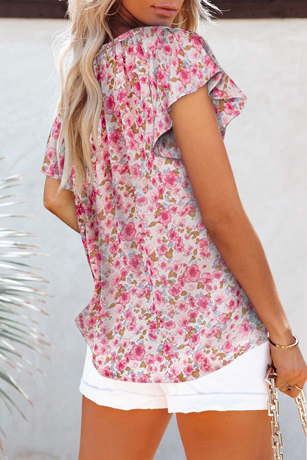 Red Flutter Sleeve V Neck Floral Summer Blouse