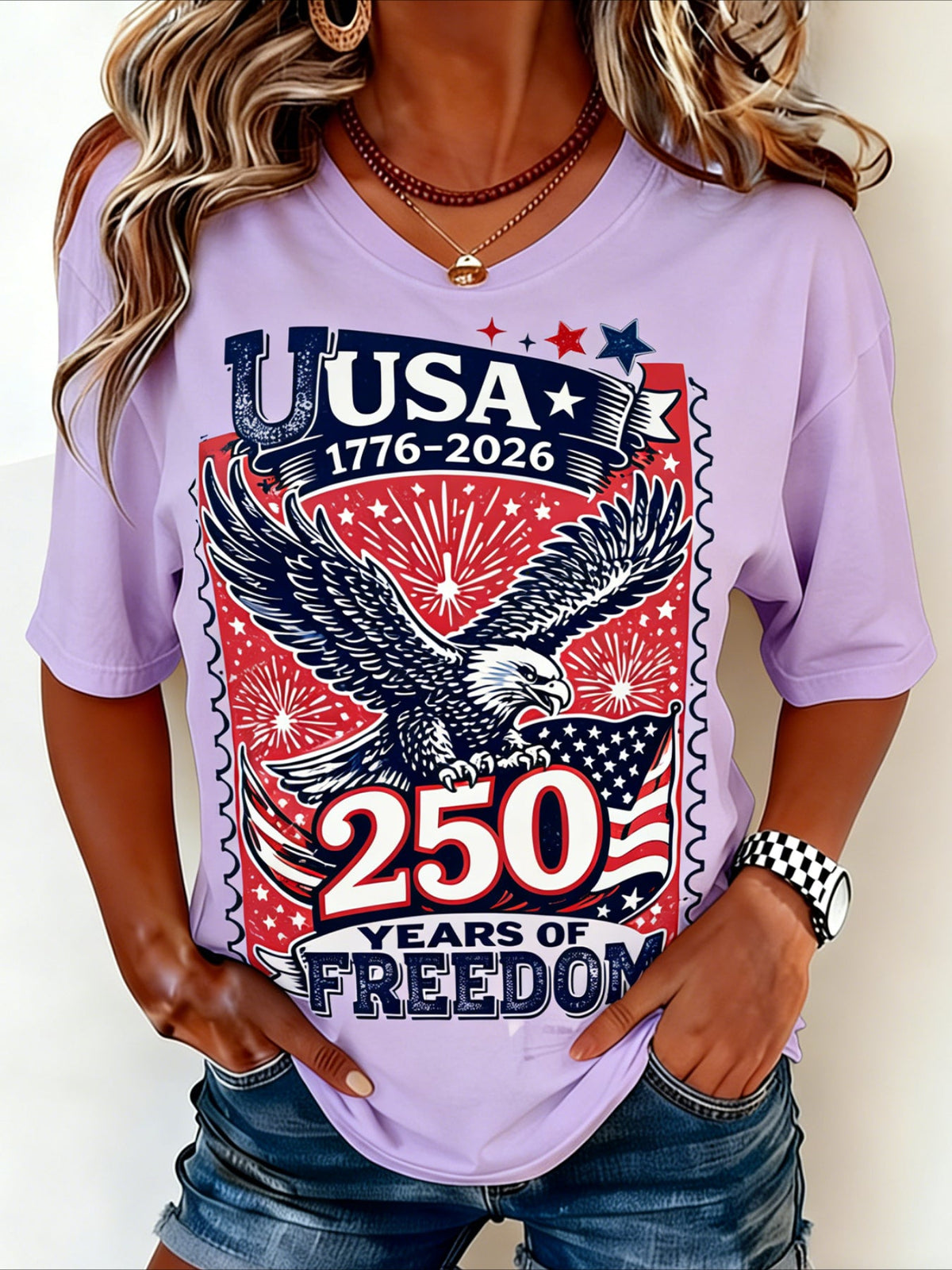 Casual Vintage America 250 Years Printing Crew Neck Short Sleeve T-shirt
