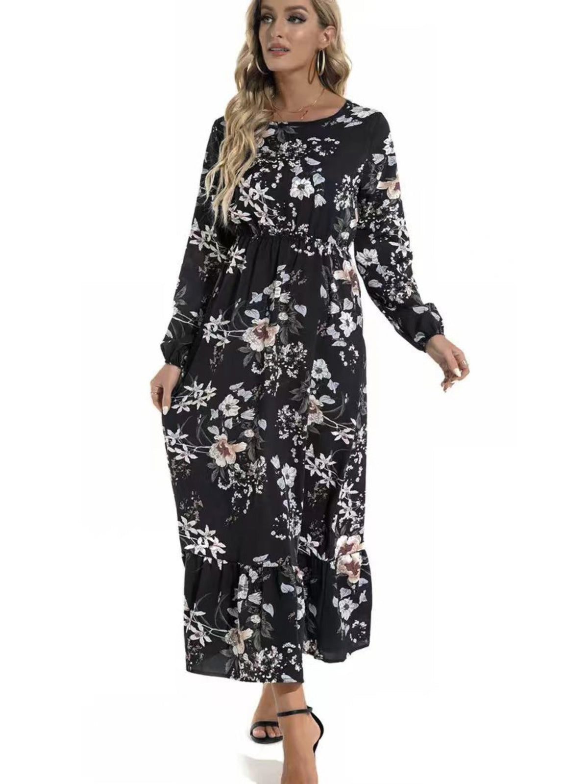 Floral Long Sleeve Maxi Dress, Long Sleeve Loose Crew Neck Dress, Casual Dresses