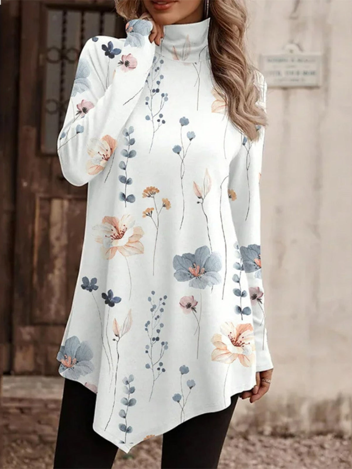 Ethnic Floral Print High Neck Tunics, Boho Long Sleeve Tunic Tops