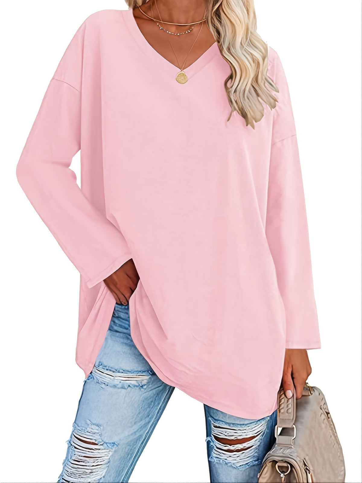 Women's Solid Color Oversized Tops, V-Neck Long Sleeve T-Shirts, Casual Loose Shirts