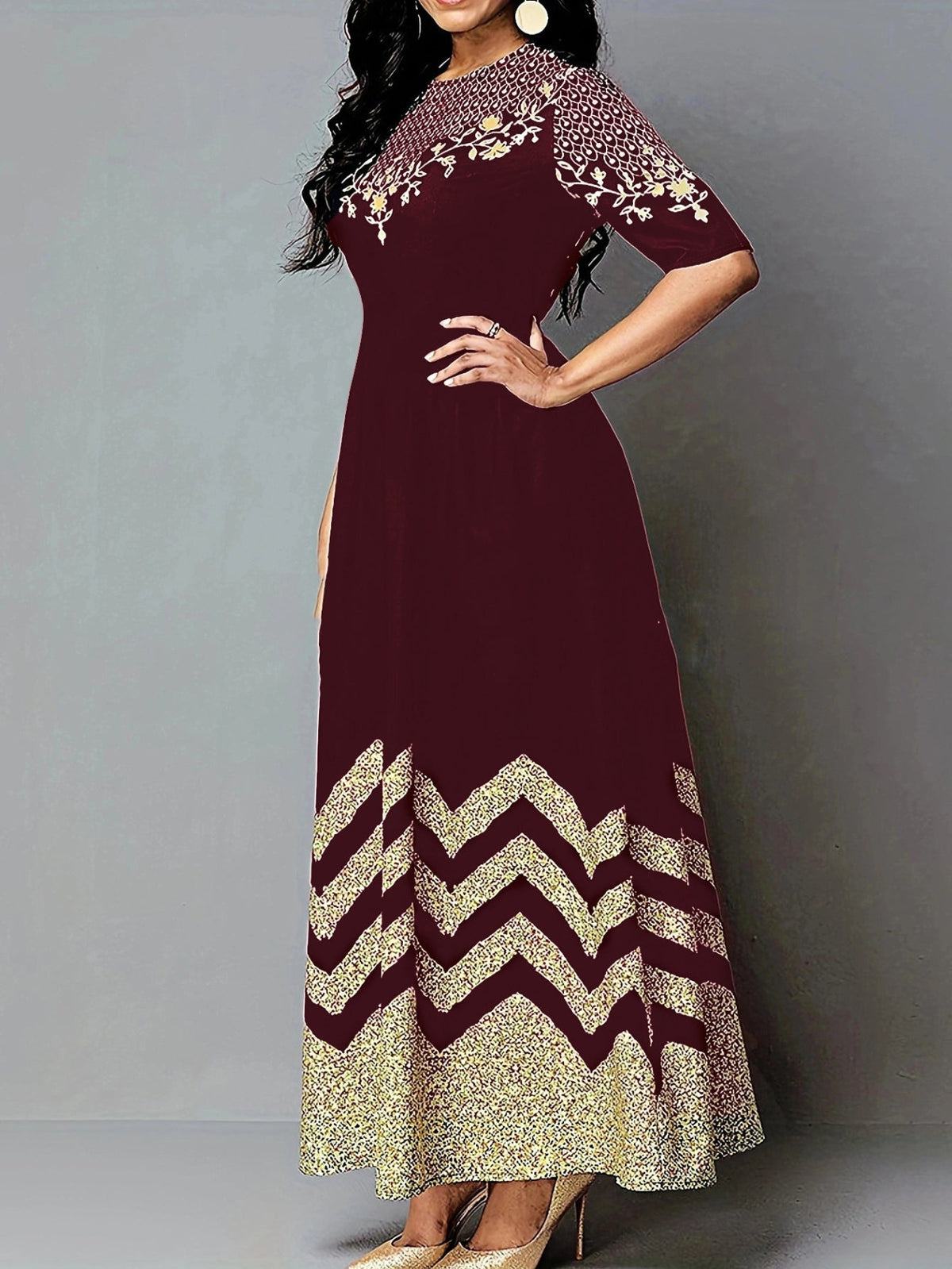 Vintage Tribal Print Crew Neck Pocket Dress, Women's Short Sleeve Wave Stripe Print Dress
