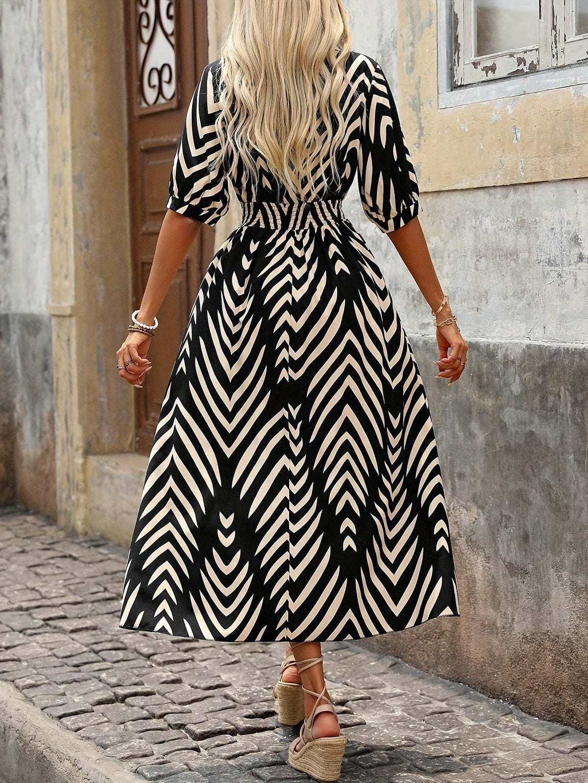 Allover Print Shirred Waist A-line Dress, Casual Surplice Neck Half Sleeve Dress
