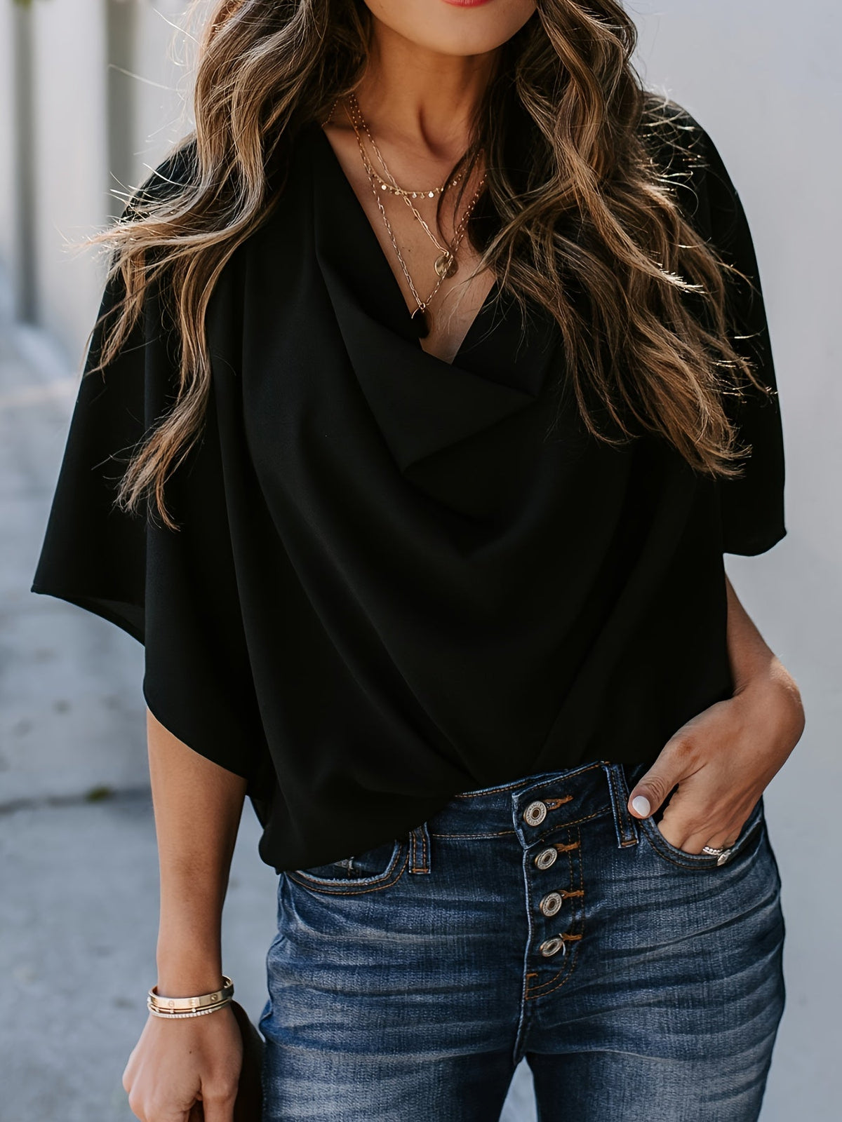 Women's Solid Cowl Neck Batwing Sleeve Blouse - Casual and Comfortable Fashion Top