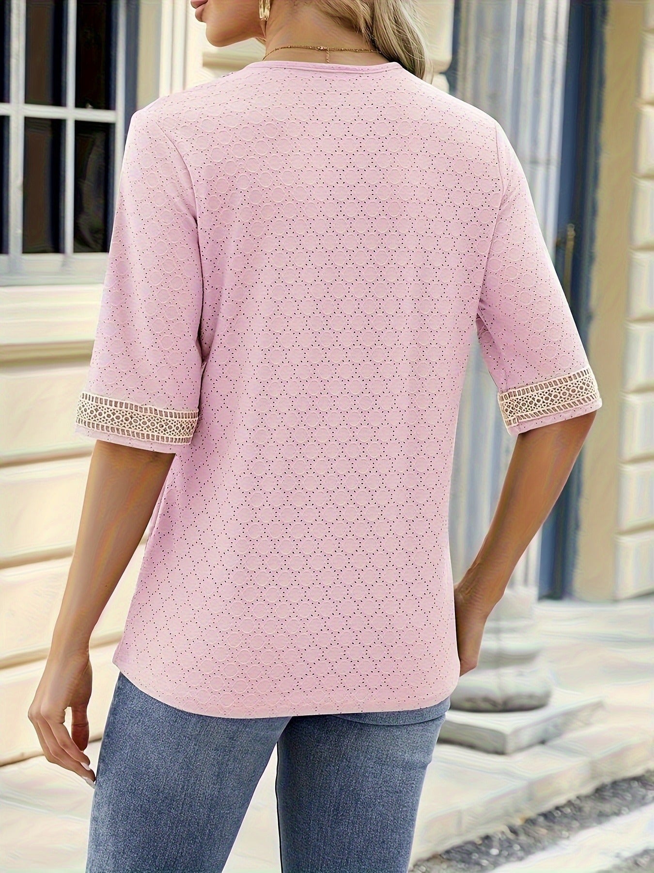 Guipure Lace V-neck Eyelet T-Shirt, Vintage Half Sleeve Loose T-Shirt