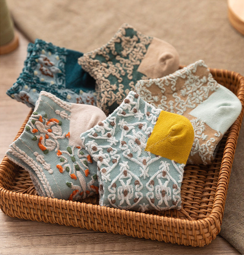 5 Pairs Vintage Court Style Short Socks, Cute Japanese Style Flower Geometric 3D Textured Low Cut Ankle Socks