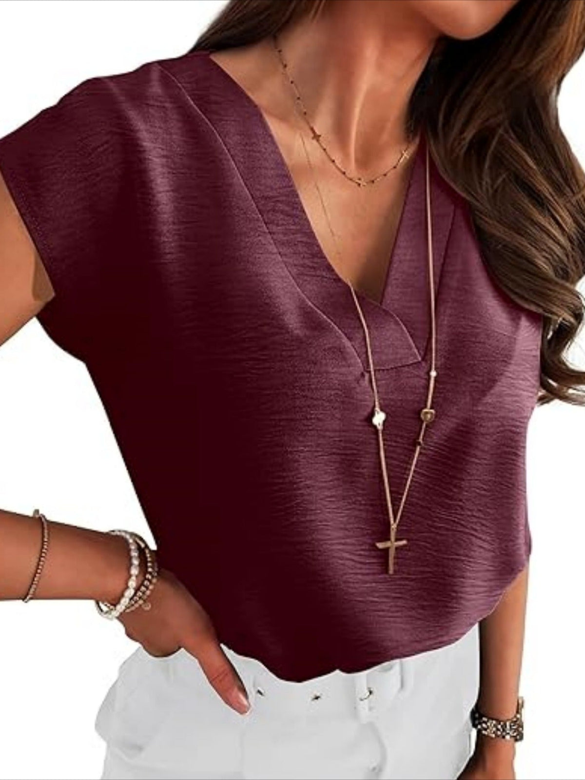 Plain V-Neck Batwing Short Sleeve Casual Loose Blouse
