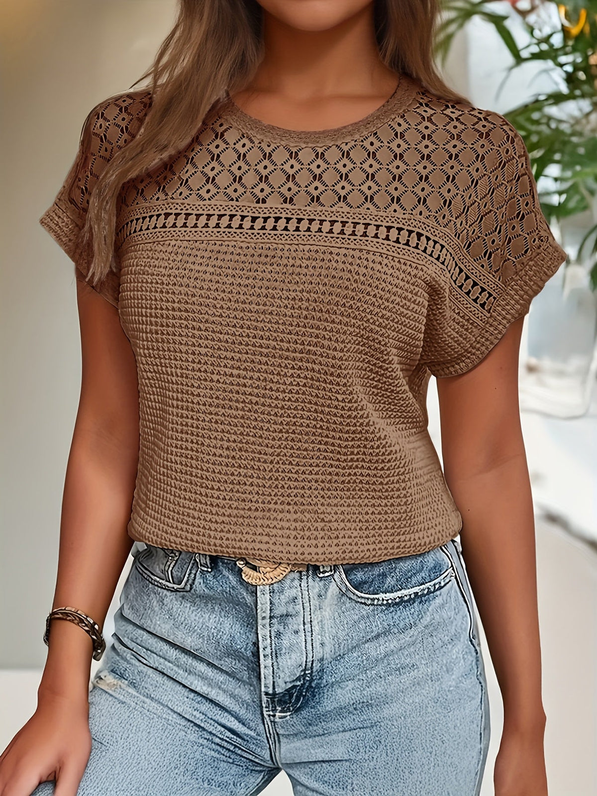 Casual Crew Neck Waffle Loose Solid Color Tops