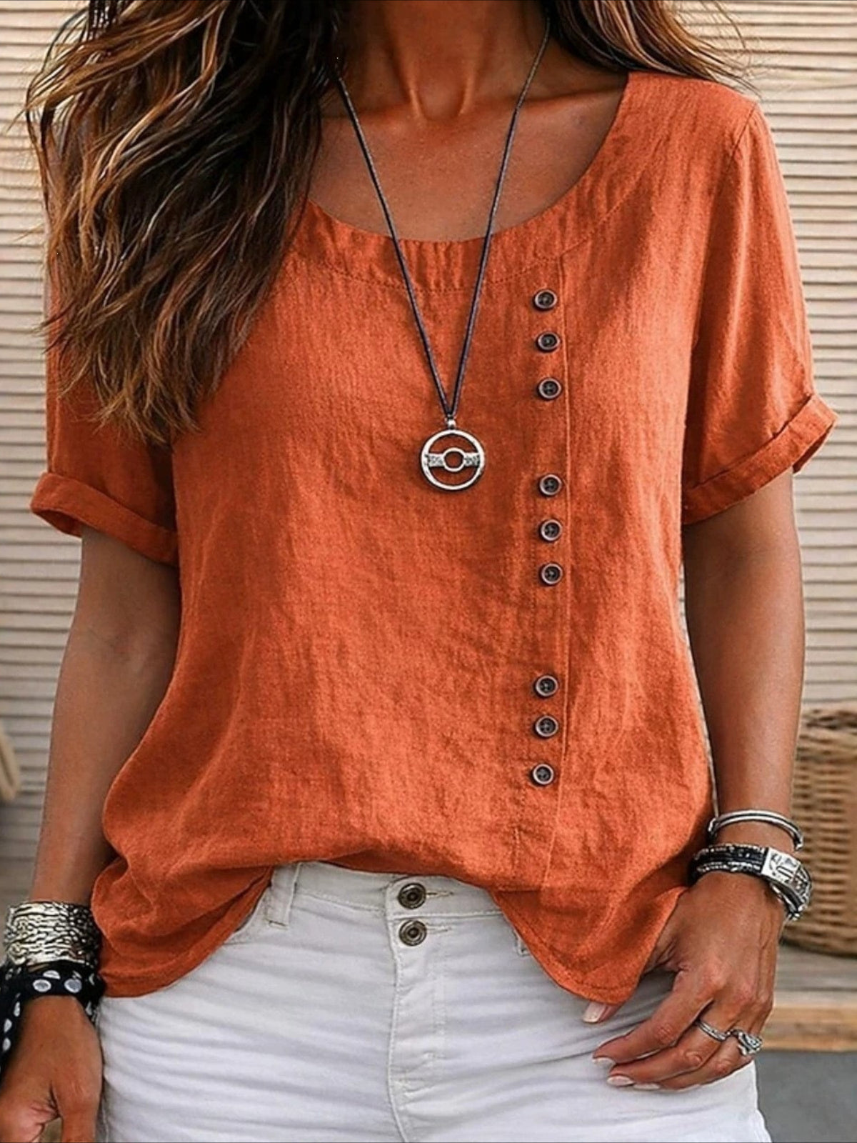 Cotton Linen TButtons Plain Fashion Stylish Classic Short Sleeve Crew Neck Regular Tops