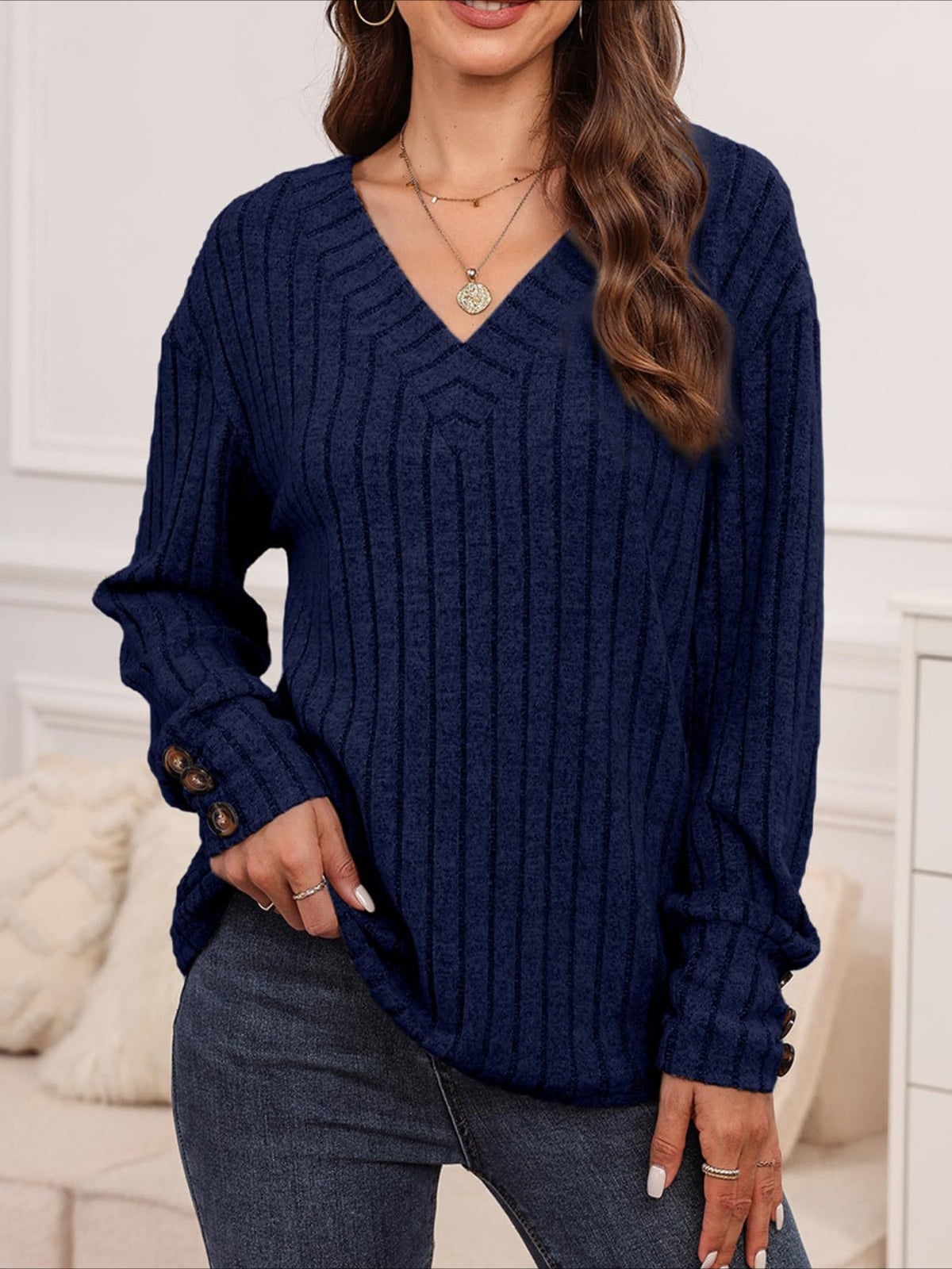 Womens Ribbed Button Detail T-Shirt - Fashionable V-Neck Long Sleeve Top