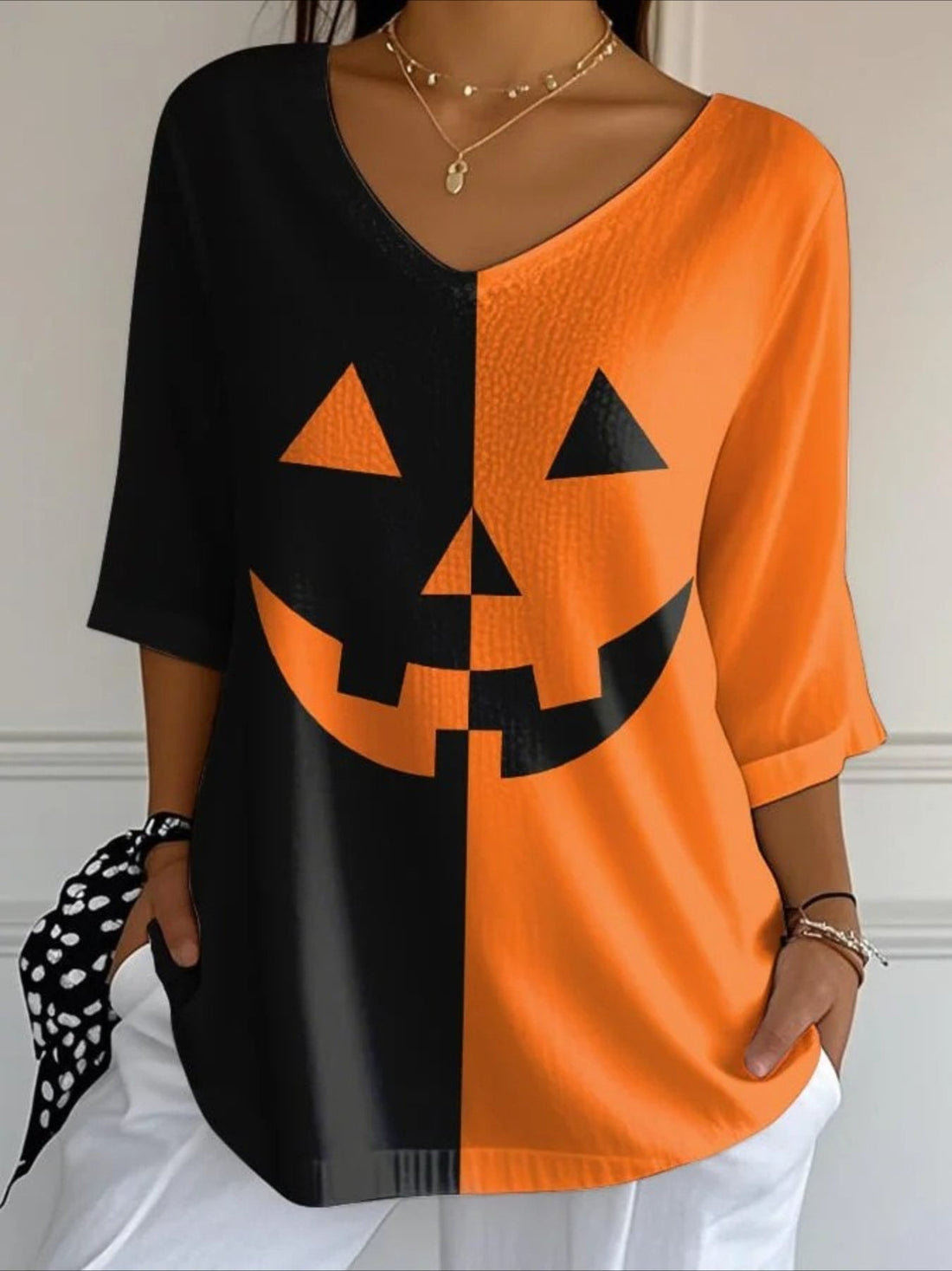 Halloween Crew Neck Three Quarter Sleeve T-shirt
