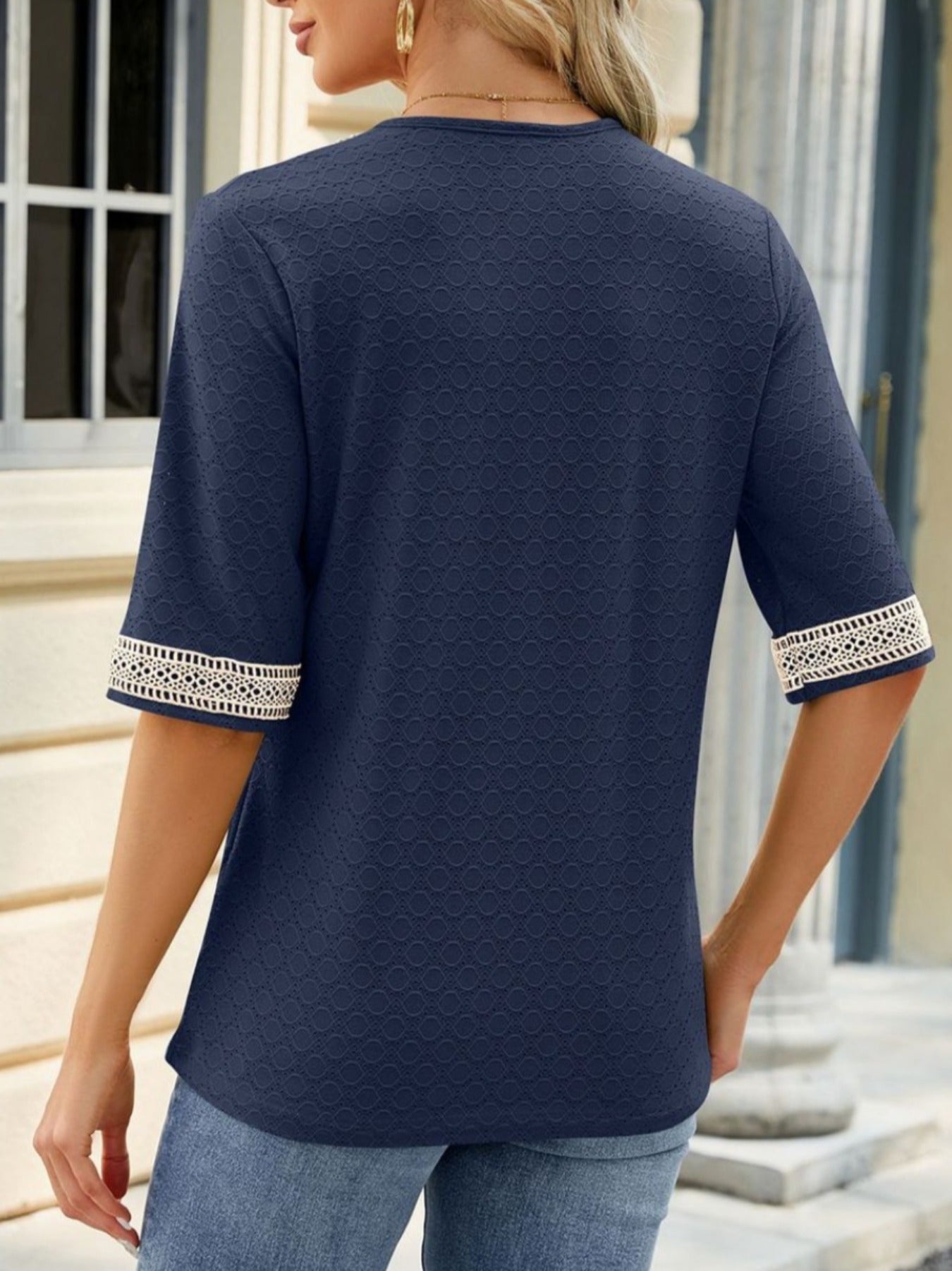 Guipure Lace V-neck Eyelet T-Shirt, Vintage Half Sleeve Loose T-Shirt
