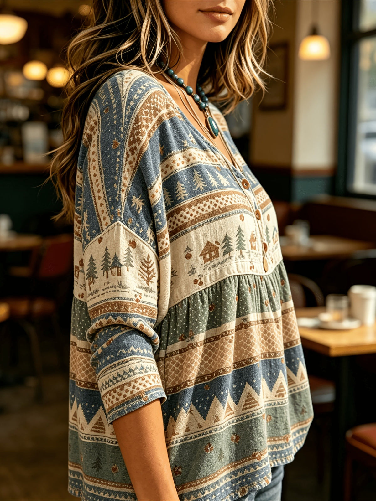 Floral Print 3/4 Sleeve V-Neck Three-Button Front Babydoll Blouse