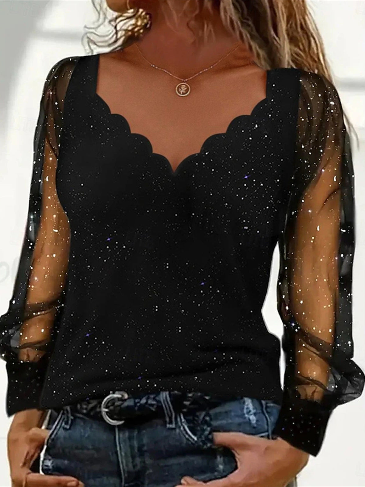 Sexy V-Neck Sequin Mesh Splicing Long Sleeve T-Shirt Casual Party Top
