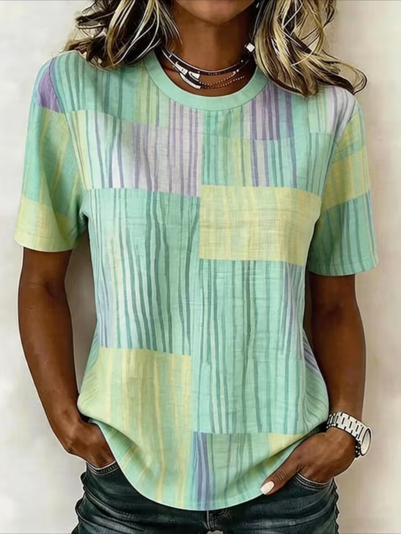 Stripe Casual Pattern Crew Neck Short Sleeve T-shirt