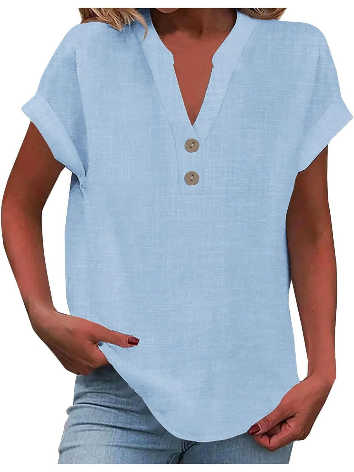 Solid Color V Neck Short Sleeve Button Down T Shirts