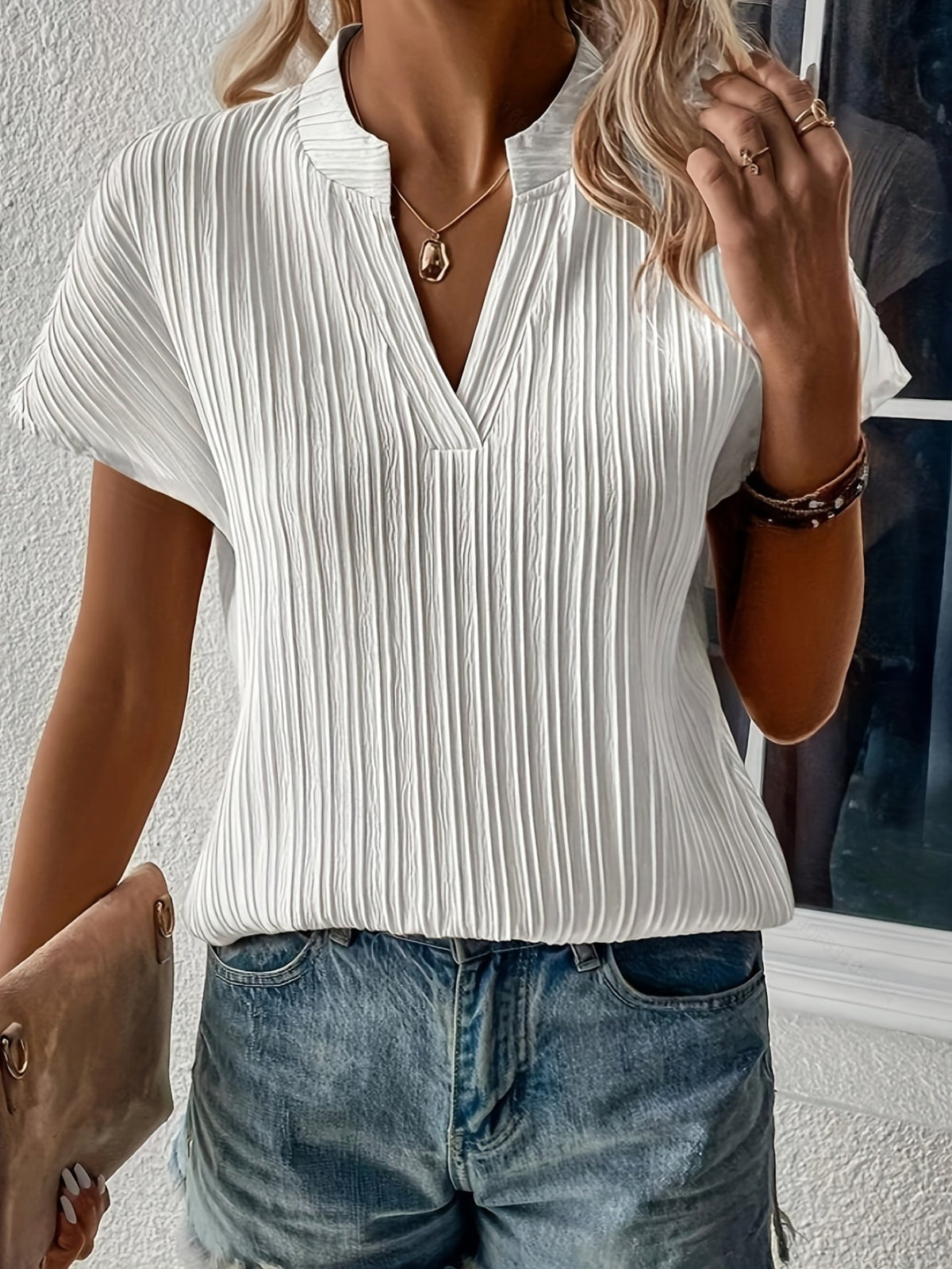 Ribbed Short Sleeve with Notched Neck and Slight Stretch for Women