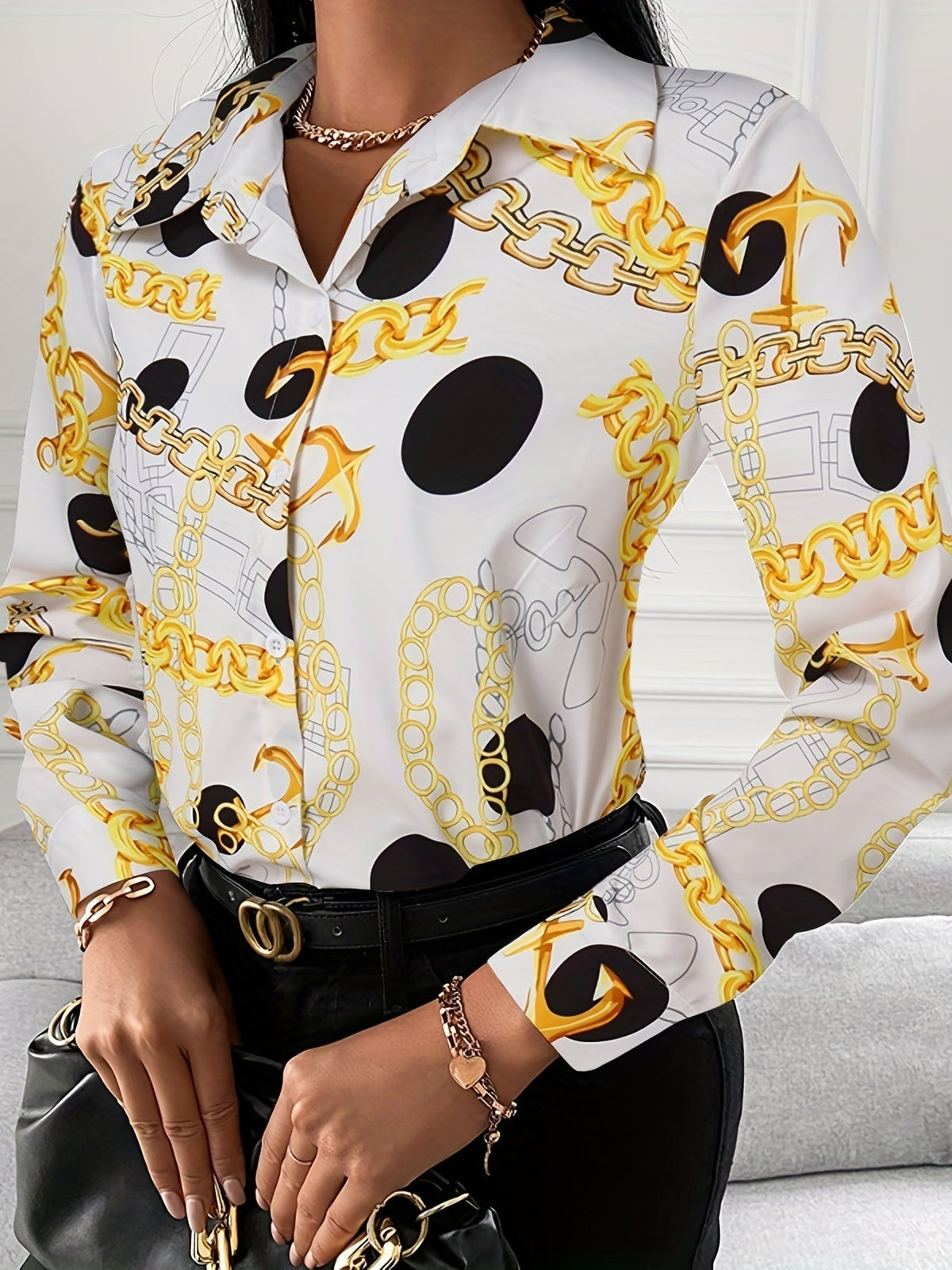 Women's Blouse V-neck Print Button Long Sleeve Loose Fall Blouse
