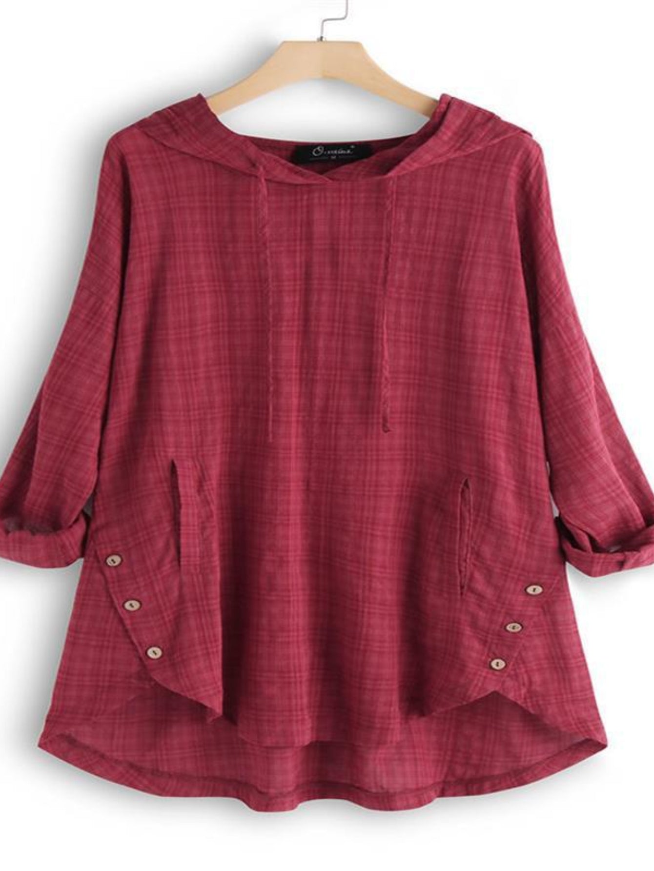 Elegant Hooded Plaid Blouse for Women - Long Sleeve Shirt with Drawstring Detail