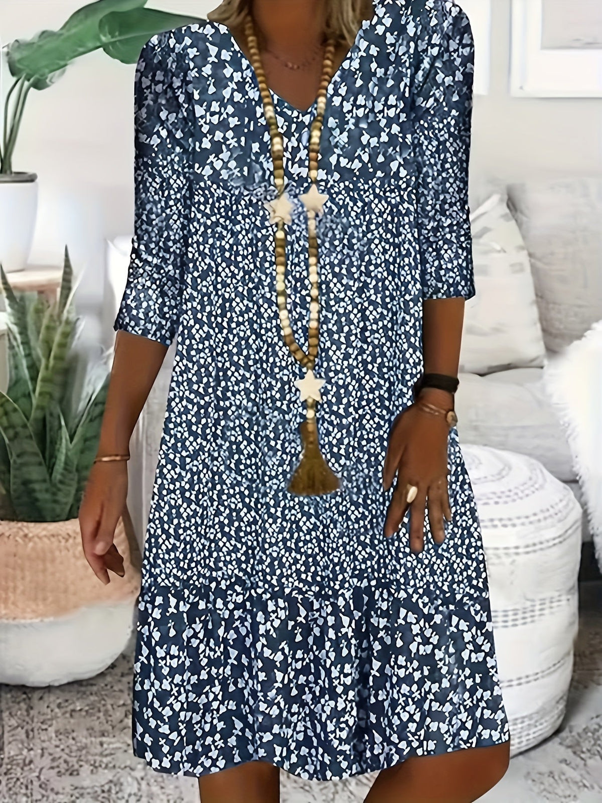 Ditsy Floral Print Dress, Vintage V Neck 3/4 Sleeve Dress