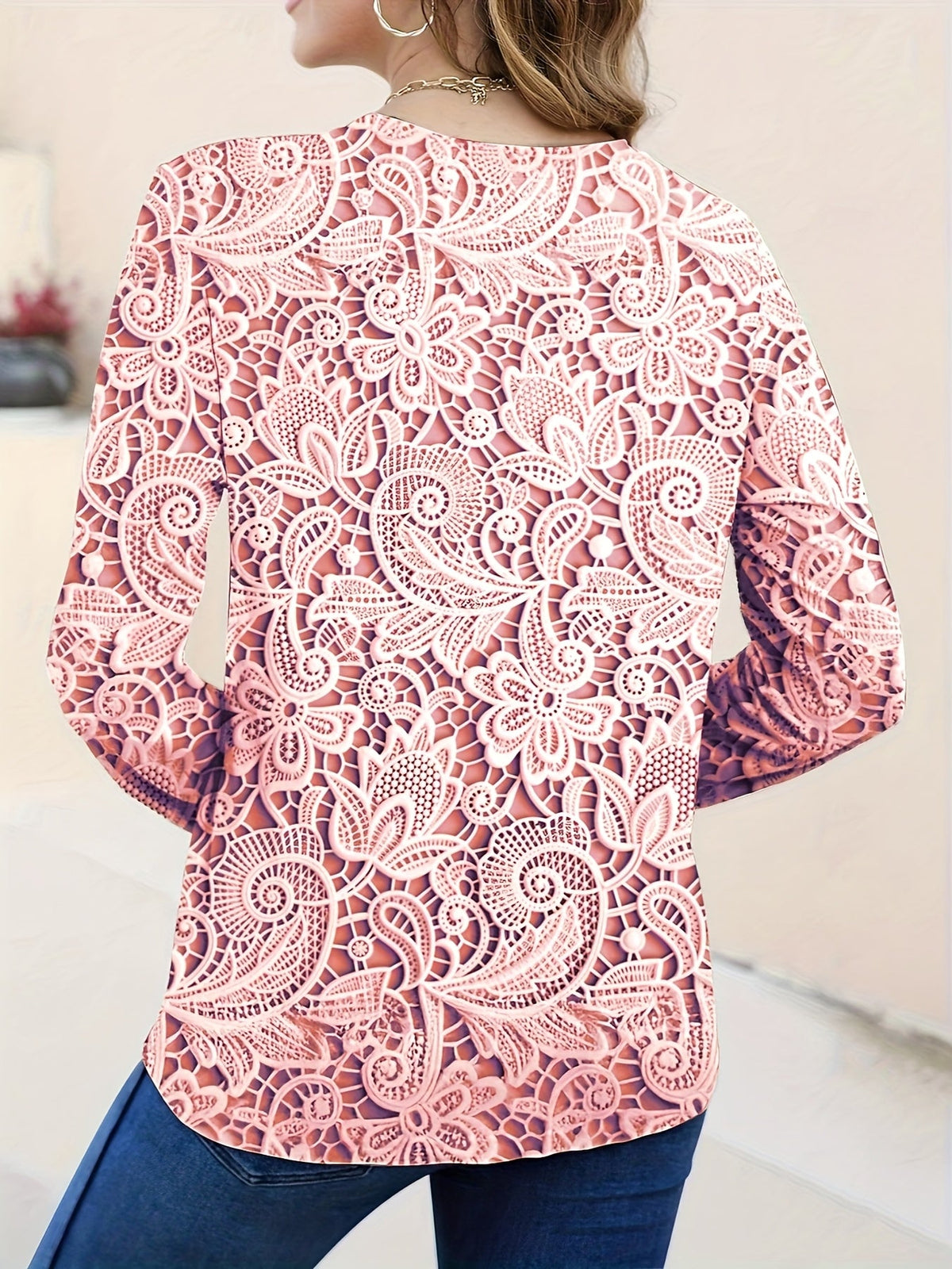 Elegant Floral Print High-Stretch Round Neck Long Sleeve Top