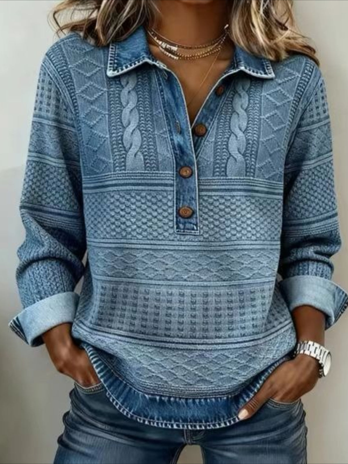 Denim Patchwork Print Casual Collared Long Sleeve Sweatshirt