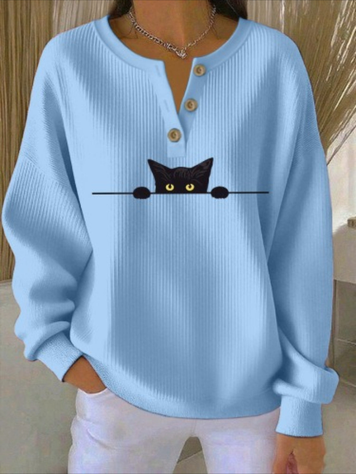 Casual Cat Crew Neck Long Sleeve Sweatshirt