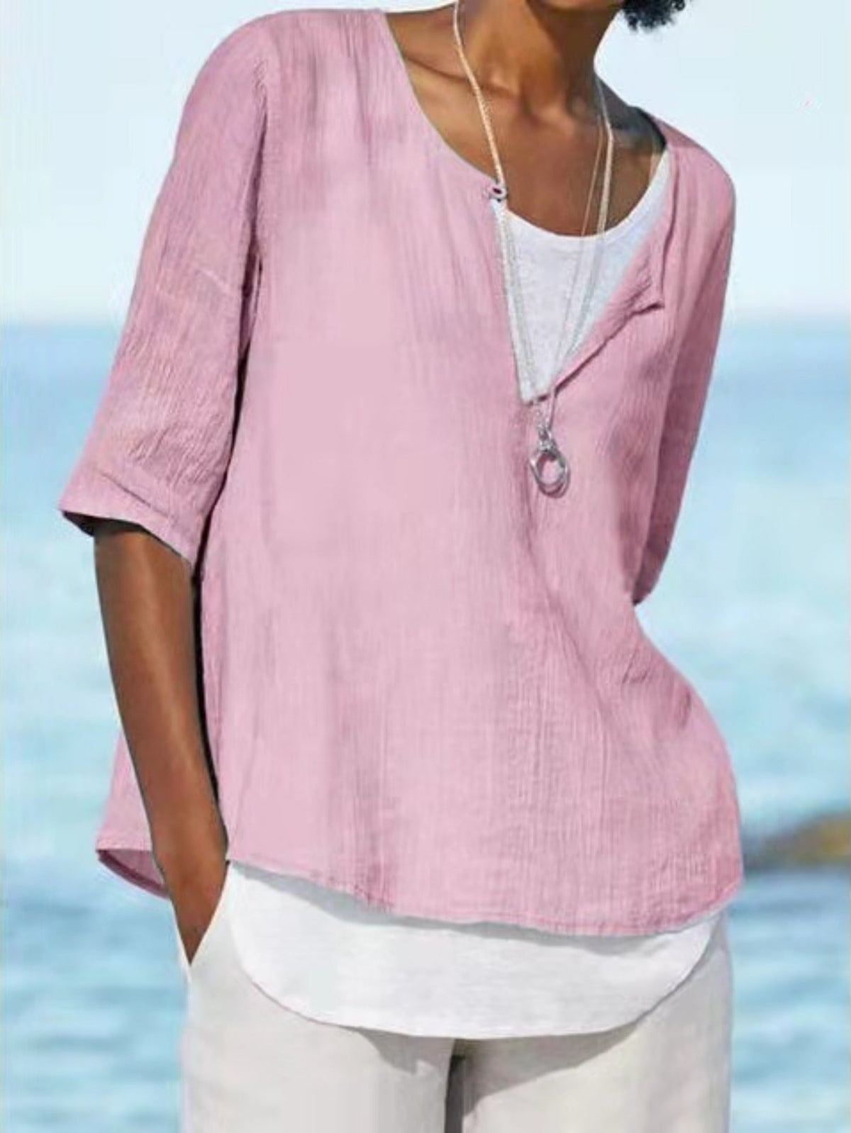 Solid Color Crew Neck Front Slit Stylish Pullover Top