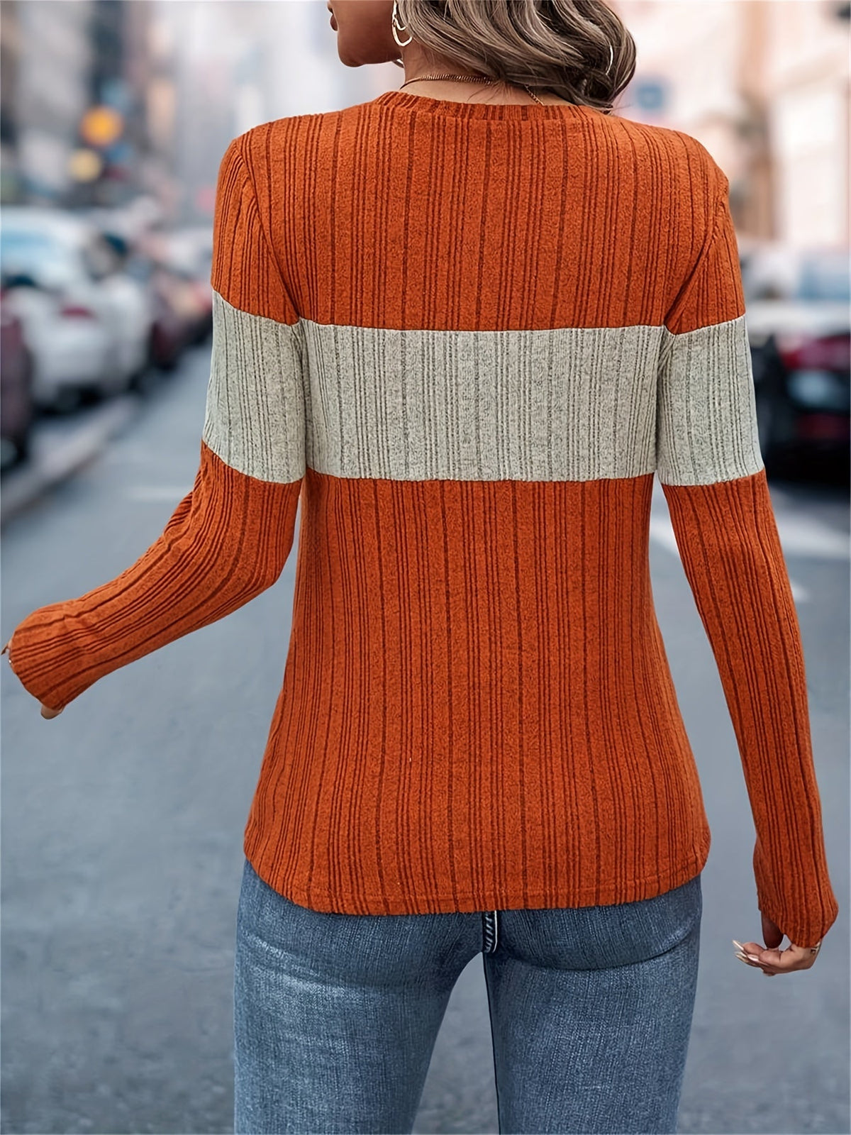 Color Block Crew Neck T-Shirt, Casual Long Sleeve Top