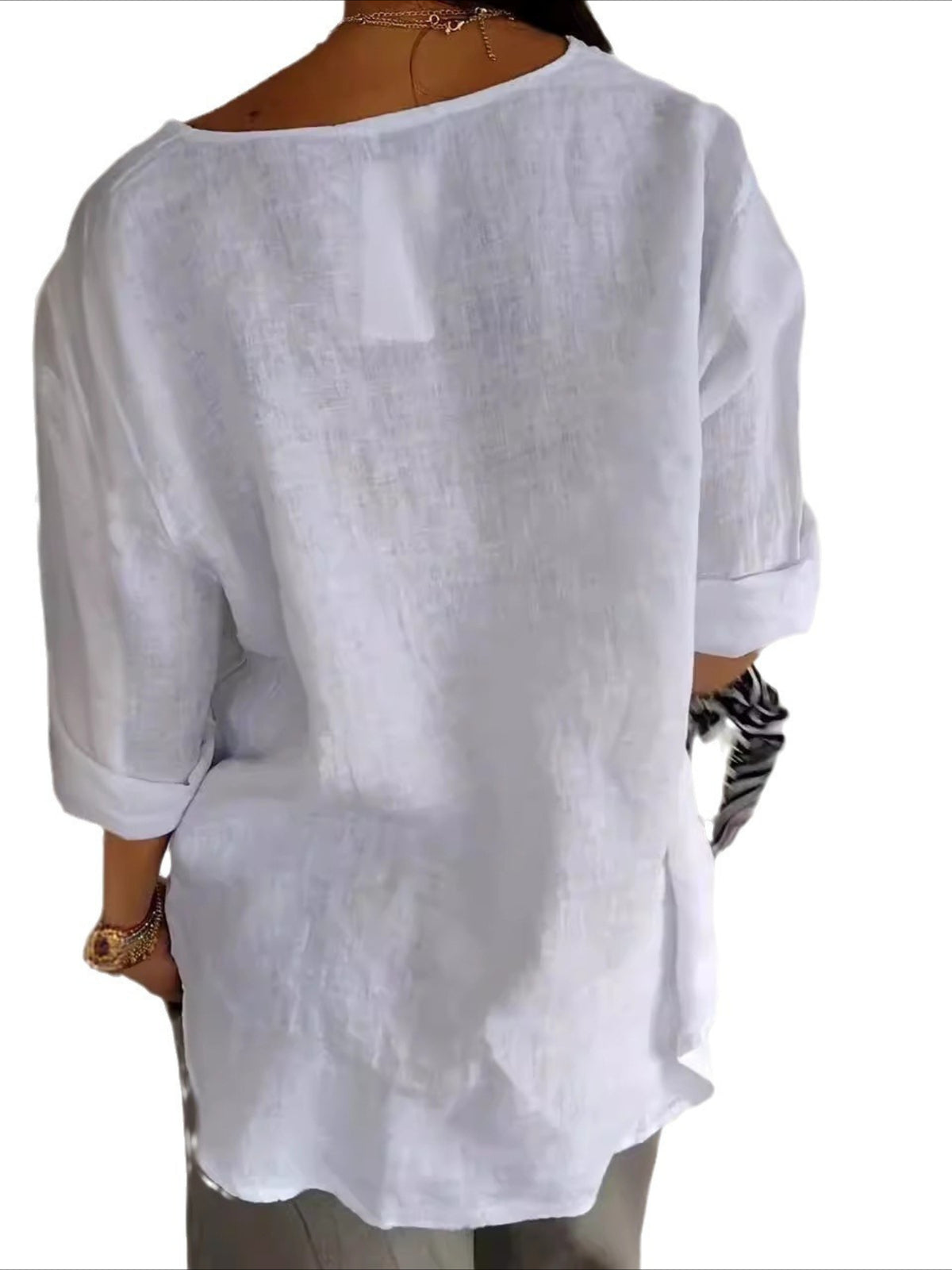Cotton Linen Loose V Neck Casual Blouse