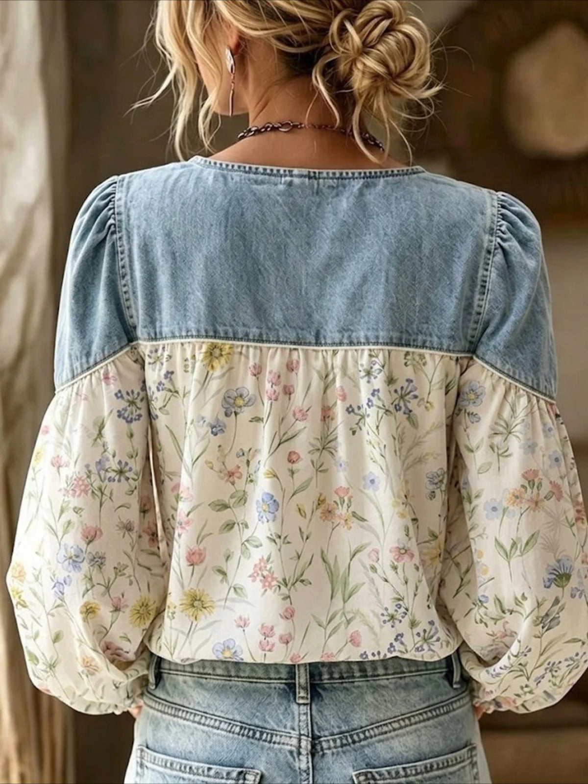 Vintage Denim V-neck Splicing Long Sleeve Shirt
