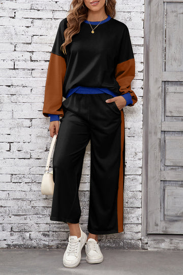 Black 2pcs Color Block Pullover Loose Pant Set