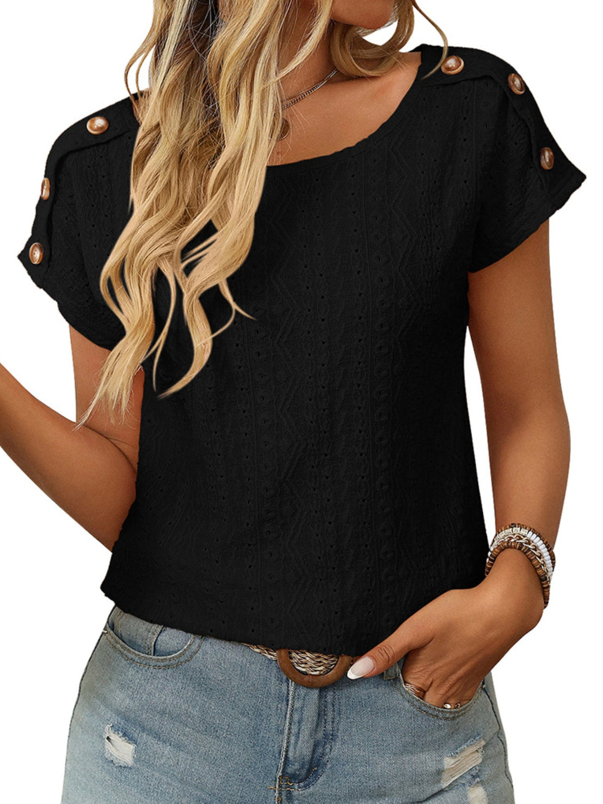 Solid Color Round Neck Shoulder Button Embroidery Hollow Short Sleeved T-shirt