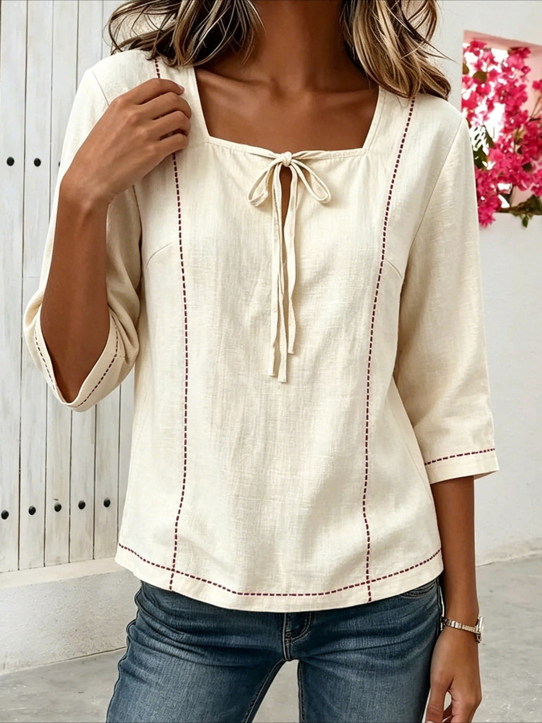 Loose Casual Popular Printed Lace-up Square Neck Mid-Sleeve Shirt